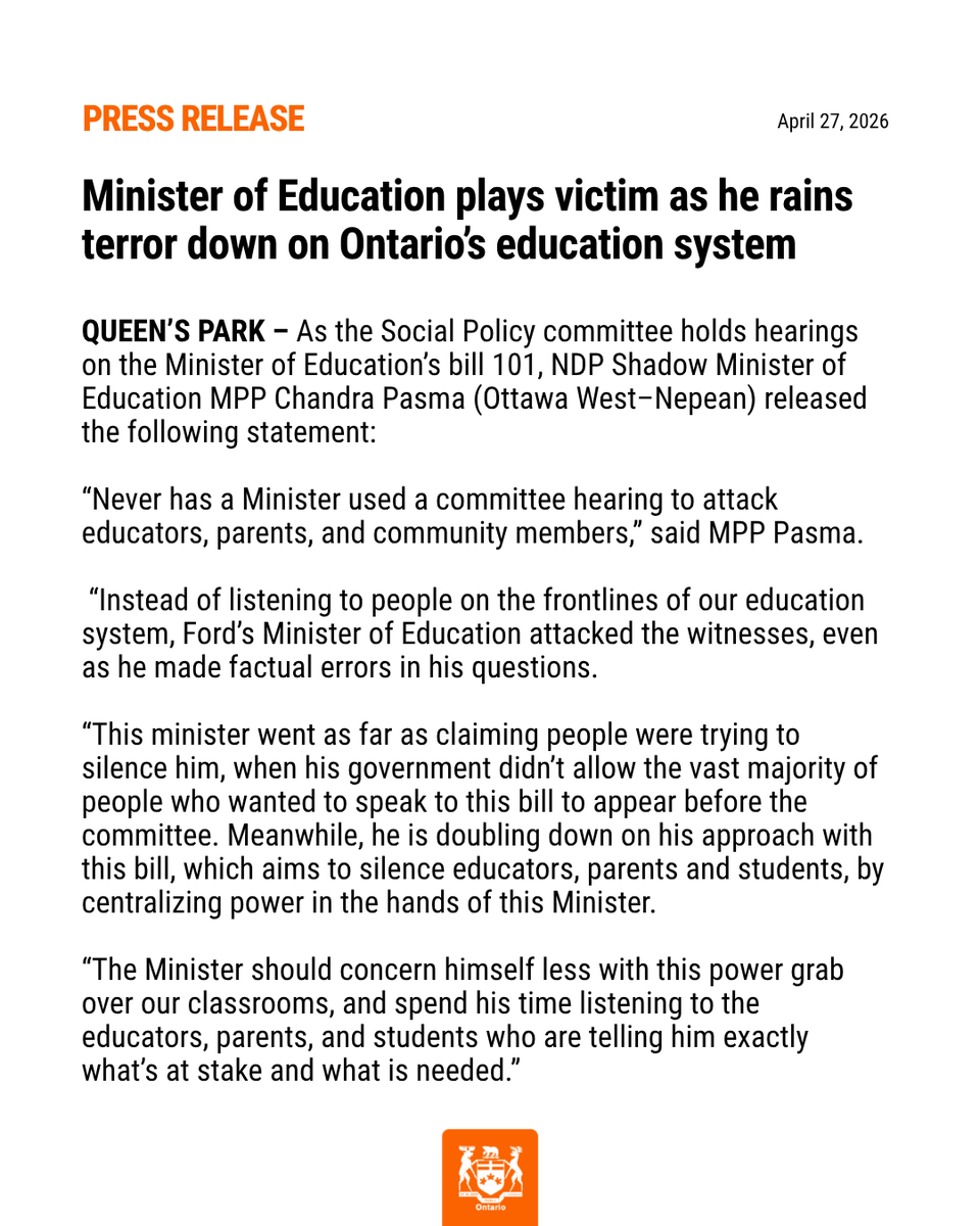OntarioNDP's tweet image. #NEW: Minister of Education plays victim as he rains terror down on Ontario’s education system