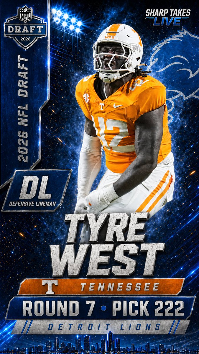 TheDavidDSharp's tweet photo. Tyre West is a low-risk late-round DL flier with SEC toughness, power, and versatility. Round 7, Pick 222 — Tennessee to Detroit.
#DetroitLions #OnePride #NFLDraft #2026NFLDraft #TennesseeFootball https://t.co/wAudo87owu
