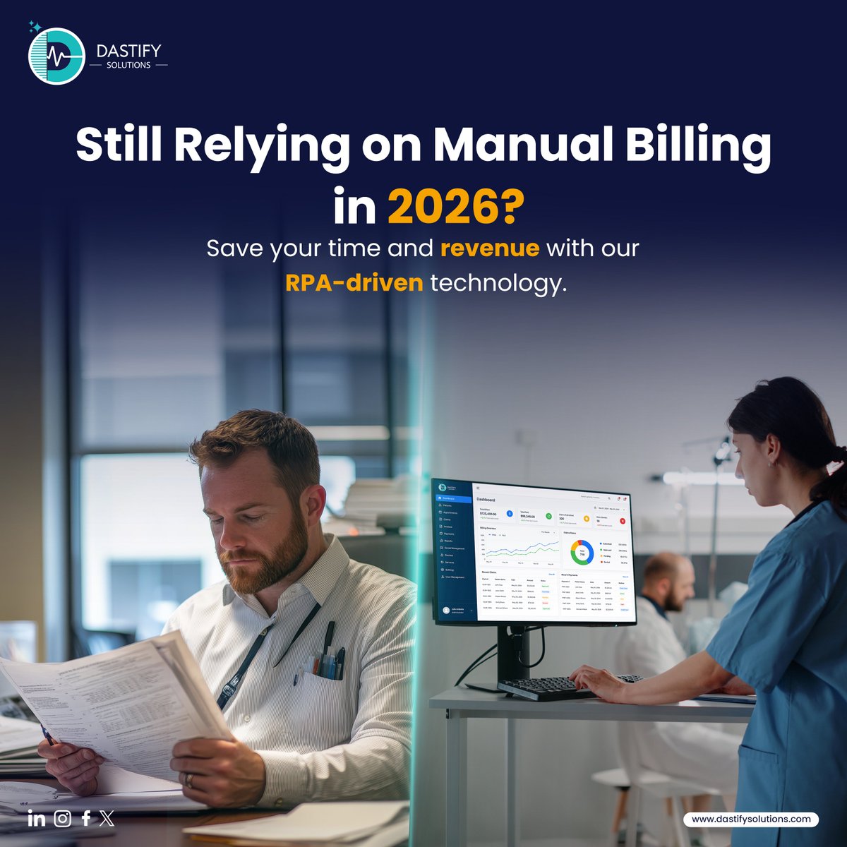 dastifyUSA's tweet image. Every manual step leads to more denials, wasted time, and lost revenue. Upgrade to AI-powered, RPA-driven billing for faster claims, cleaner processing, and stronger cash flow.

#MedicalBilling #AIinHealthcare #RevenueCycleManagement #RCM  #HealthcareTechnology