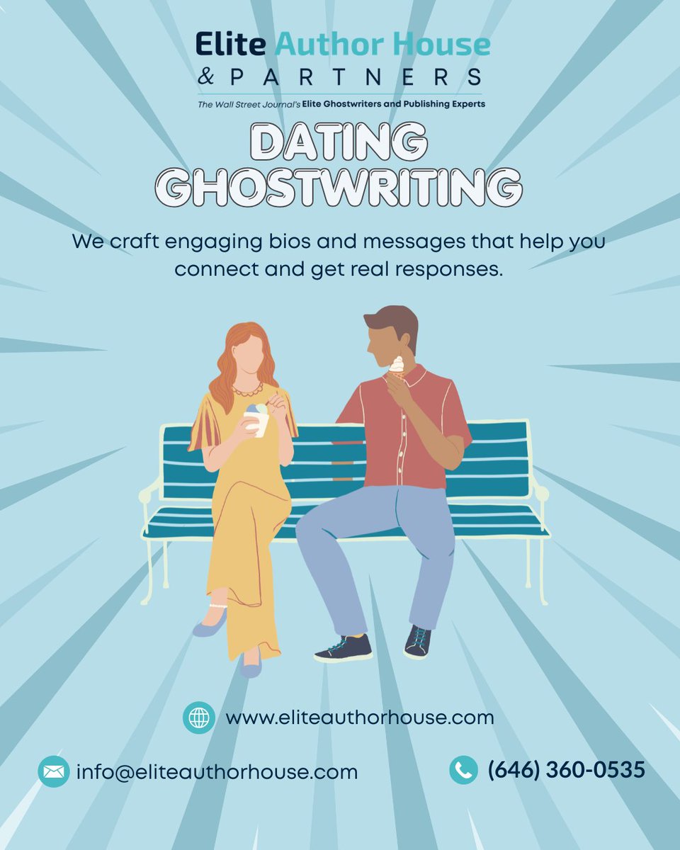 zademurphy's tweet image. Upgrade your dating game 💬

Professional Dating Ghostwriting services for better conversations.
Visit Now :
eliteauthorhouse.com

Email Us :
info@eliteauthorhouse.com

Call Us :
(646) 360-0535

.
.
.
#DatingGhostwriting #DatingTips #OnlineDating #TextingSkills