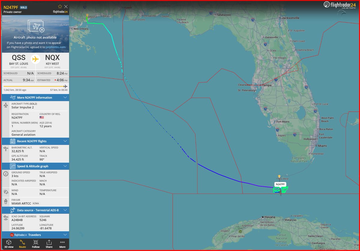 FlconEYES's tweet image. Servicio de @USNavy Drone Solar Impulse 2 UAV
N247PF | #a24b4b
#StLuis to #KeyWest #Florida | t.ly/CL8dl

Tiene la embergadura de un Boeing 747 y completó la circumnavegación del globo en 2015.
Activo sobre el Estrecho de Florida, sin misión declarada.

 #VesselAlert