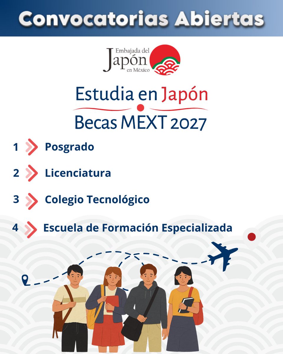JapanEmb_Mexico's tweet photo. 🎌 CONVOCATORIA DE BECAS – MEXT 2027 🎓
¿Quieres estudiar en Japón? Cumple tu objetivo con una de las cuatro becas MEXT que se ofrecen en México:
✅Posgrado 
✅Licenciatura 
✅Colegio Tecnológico 
✅Escuela de Formación Especializada 
https://t.co/5xVdwiQNmO https://t.co/rPjzXr0RIG