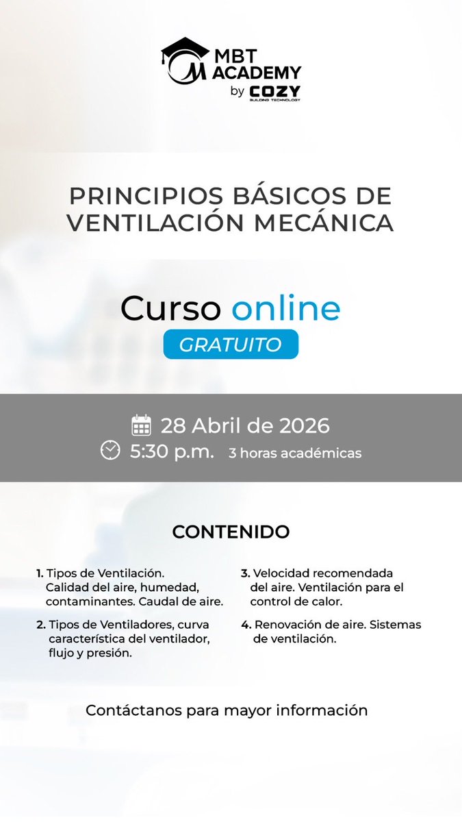 cbt_ve's tweet photo. 🎓 ¡CURSO ONLINE GRATUITO! 

Principios Básicos de Ventilación Mecánica❄️🛠️

¡Potencia tus conocimientos con los mejores!

Aprende los estándares de calidad para optimizar el rendimiento de los equipos.

📝 Link de Inscripción: 👉 https://t.co/b9v8pFweKb

¡Te esperamos! 🚀 https://t.co/KzhMp1VvXq