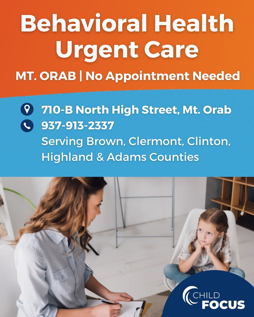 At 710-B North High Street, just off State Route 68, our team serves families, children and adults across Brown, Clermont, Clinton, Highland, and Adams Counties.

No appointment needed. Walk in or call us today. 937-913-2337

#MtOrab #ChildFocus