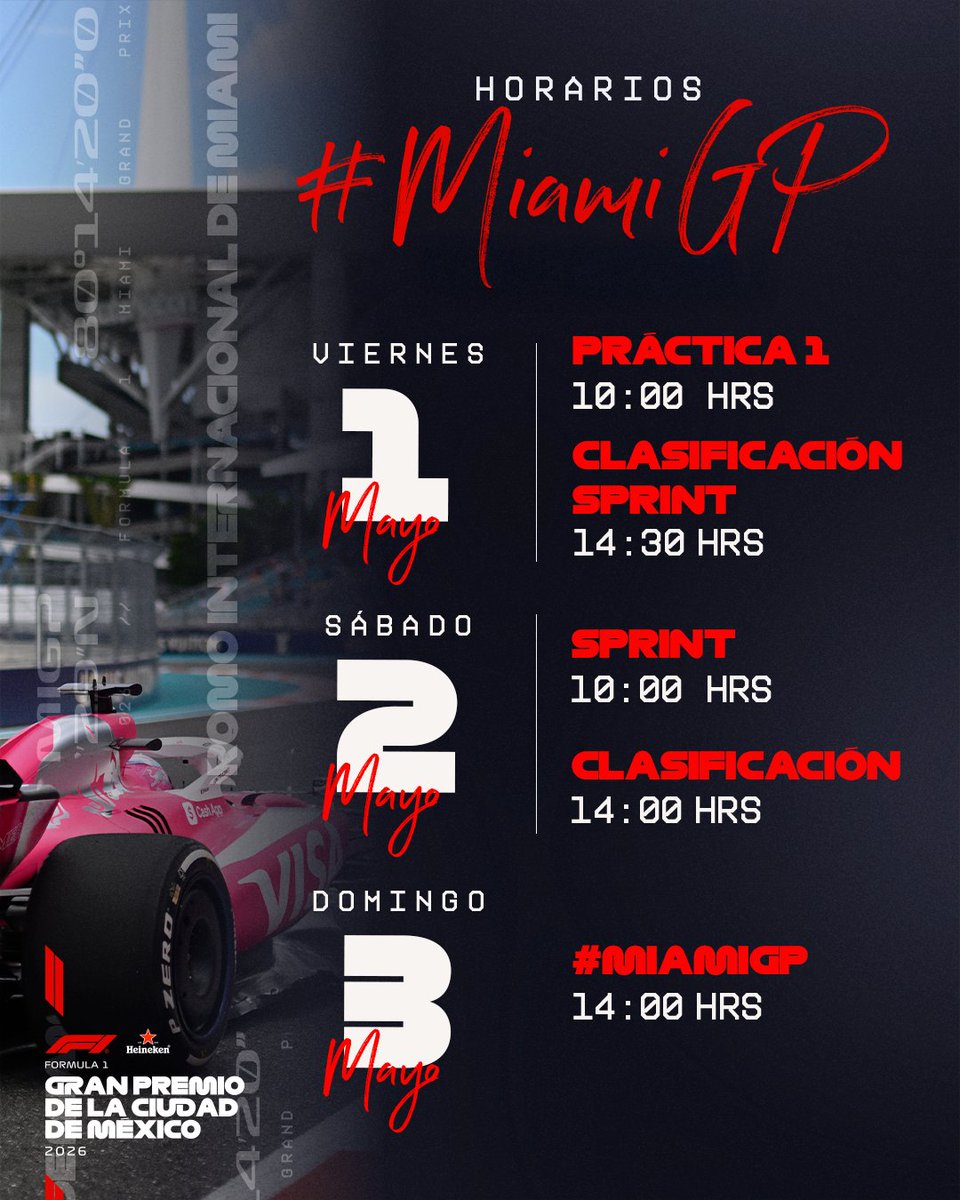 mexicogp's tweet image. ¡F1 regresa! Conoce los horarios del #MiamiGP y prepárate para un gran fin de semana de carrera Sprint. 🔥

#Formula1 #F1