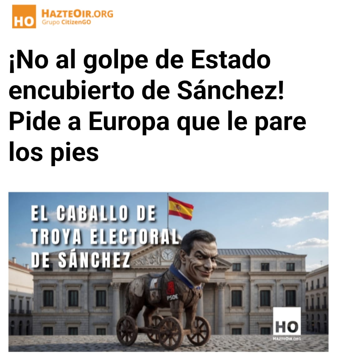 🚨 URGENTE

¡Di NO al Golpe de Estado de Sánchez!

🗳️ Sánchez no acepta perder: como no puede ganar en las urnas, quiere dar un Golpe de Estado encubierto fabricando nuevos votantes a su medida a través de regularizaciones masivas y concesión exprés de nacionalidad.

⚖️