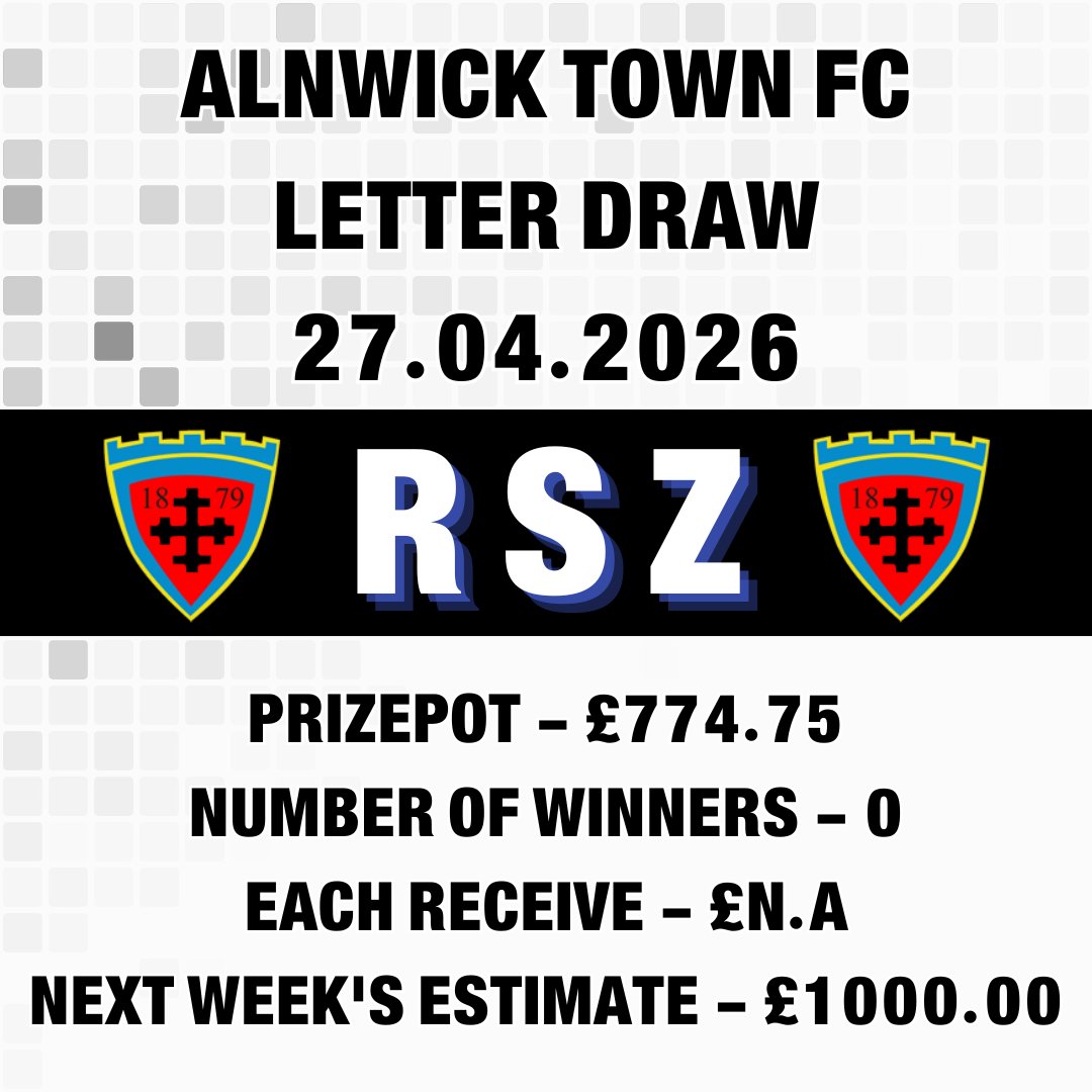 AlnwickTownAFC's tweet image. 🗣️ Letter Draw Result
🗓️ 27.04.2026
🔠 R S Z
💰 £774.75
🎉 No Winners!
🔮 Next week estimate £1000.00

#AlnwickTown #LetterDraw #Alnwick #Fundraising