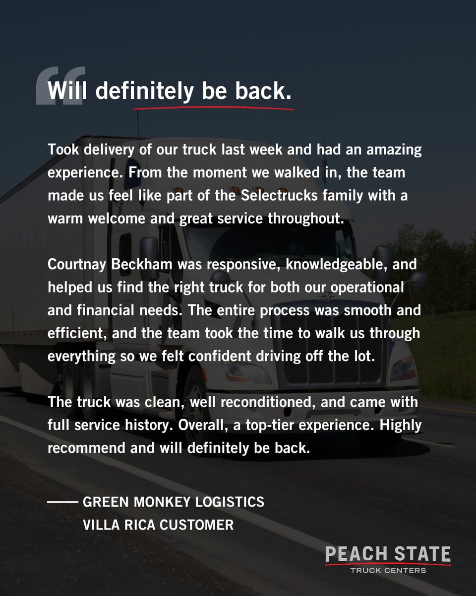 PeachStateTC's tweet photo. Another happy customer rolling out with a top-tier experience. From start to finish, our team made sure everything was smooth, transparent, and tailored to their needs. Ready to find the right truck for your business? We’ve got you covered.

#PSTC #VillaRica https://t.co/TPyb5ht8Tp