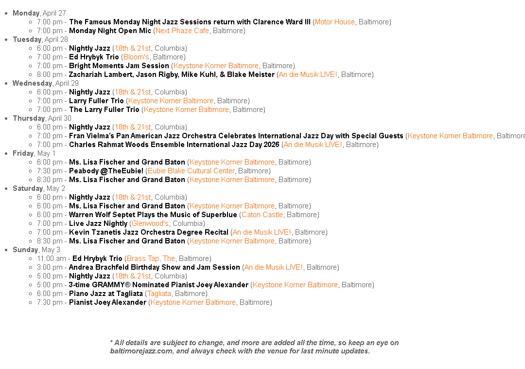 BaltimoreJazz1's tweet photo. Where's the Jazz? Here's what's happening in the Baltimore jazz scene this week - if we're missing something, let us know! Find complete details (or better still, add your own events!) at https://t.co/iQ9ikOvwOC #baltimorejazz #wheresthejazz
Member-supported, volunteer-run, BJA https://t.co/dWt9apMpxj