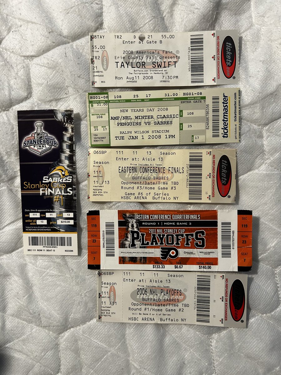 DMoscato33's tweet photo. Found my old ticket stub collection. Couple of highlights:

- Taylor Swift at Erie County Fair 2008 
- 1st ever Winter Classic had a $31 price tag on it 
- 2007 Stanley Cup Final ticket, was never used sadly. https://t.co/UxRnnLayLe