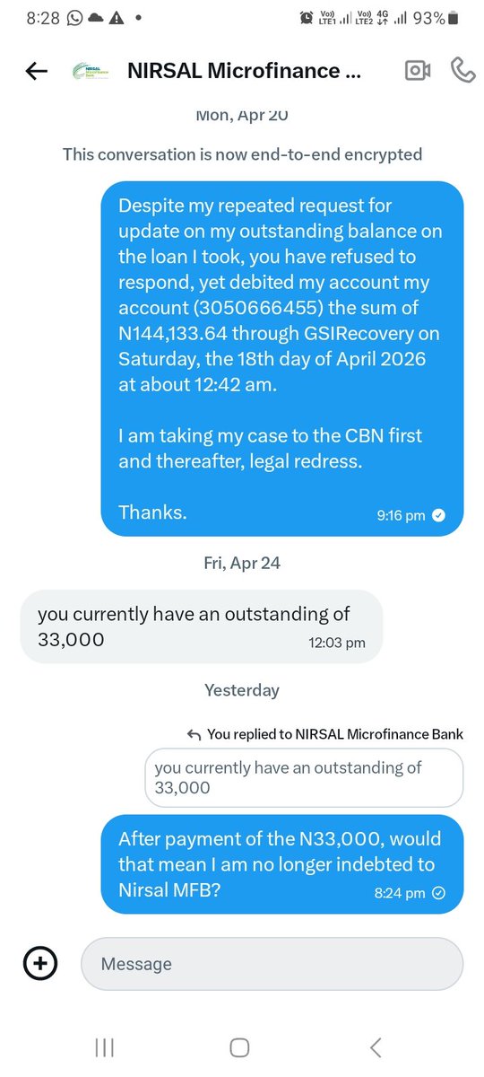 Austinethinkes1's tweet photo. @NirsalMFB , you said my outstanding balance is 33k. And I asked, if after paying that sum, I would have cleared all my debts? You are yet to reply since yesterday. @cenbank , please assist on this issue. I want to be debts free! https://t.co/DoCjfV3yjx