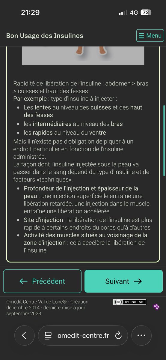 louthomas74's tweet photo. @yaeiiii2 Les recommandations officielles c’est ça :) (Source : OMEDIT centre - val de Loire) 
Donc effectivement, ton infirmière qui injecte l’insuline dans le cou bah elle suit pas les recommandations actuelles 😅 (= risque mauvaise absorption donc hyperglycémie ) https://t.co/gSBFwj6kYr