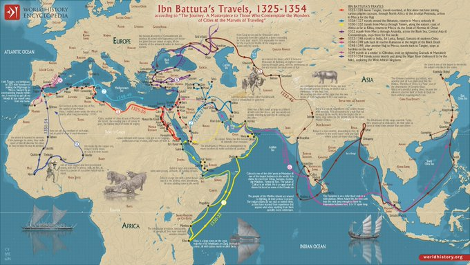 In 1325, a young Moroccan judge left his parents for the Hajj. He wouldn't return for 24 years. He was born in 1304 in Tangier, into a family of legal scholars.

Ibn Battuta traveled 117,000 km — more than Marco Polo (24k) &amp; Zheng He (50k) combined.

In the summer of 1325, a