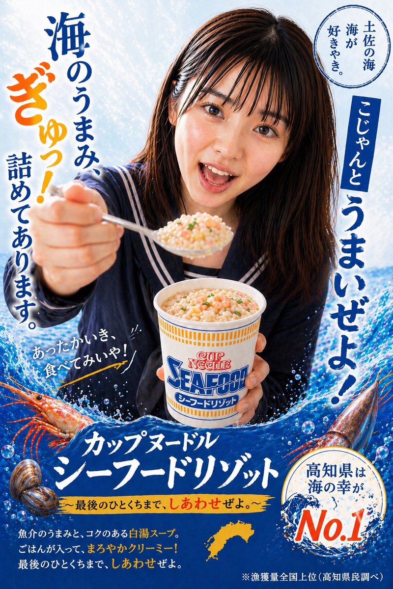 Sm87Y's tweet photo. #カップヌードルシーフードリゾット
ポスター、#chatGPT 生成だよ。
#カップヌードル #日清食品 #カップヌードルシーフード とは一切関係ありませーん！
モデル:高知愛美(こうちまなみ) HTC47高知県メンバー
#高知愛美 #HTC47 #高知県

#カップヌードルカレー　ポスターもあります… https://t.co/VrrQHcNiGL
