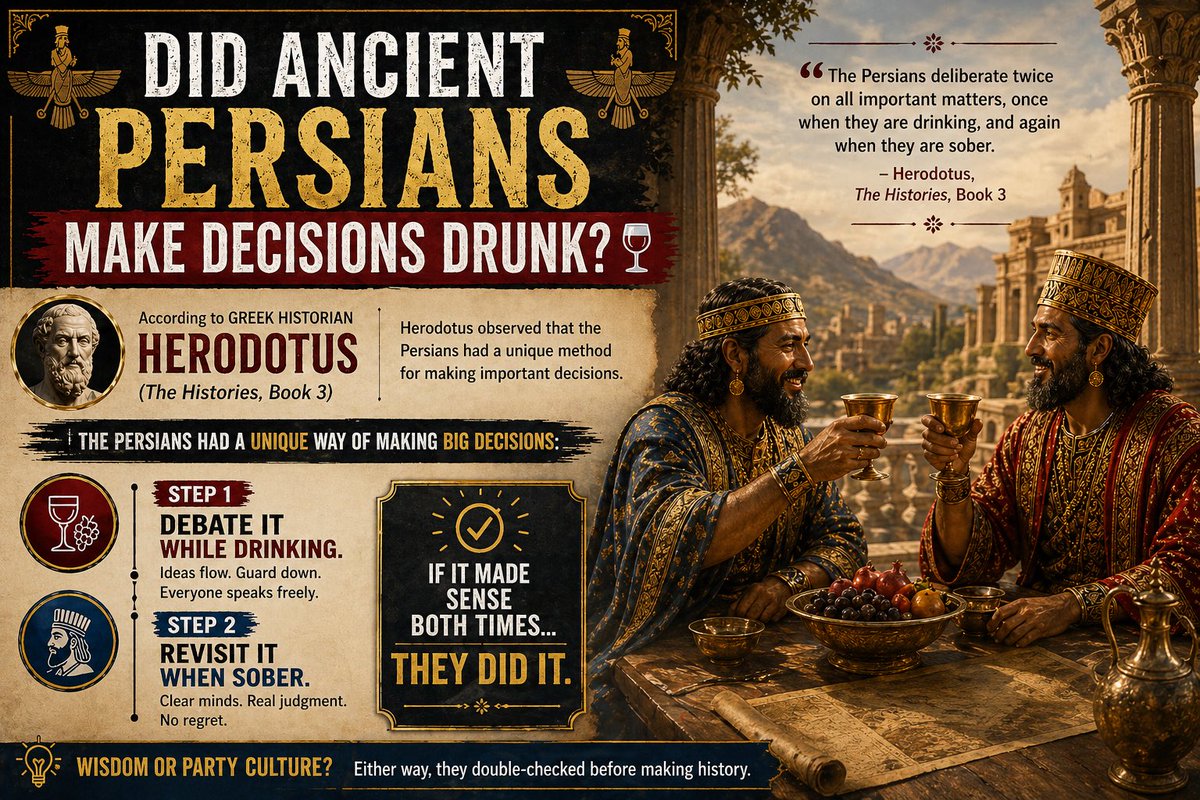 KingdomOfHerod's tweet image. Did ancient Persians double-check decisions while drunk AND sober? 🍷🤯

According to Herodotus… they did.
Strange—or secretly genius? 👀

#history #didyouknow #ancientpersia #funfacts