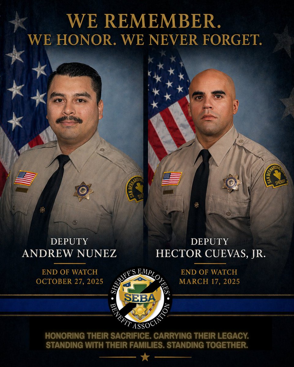 sebasbcounty's tweet photo. Today, Deputies Hector Cuevas, Jr. and Andrew Nunez are being formally enrolled on the California Peace Officer Memorial Wall.

This is one of the hardest traditions we carry. One we never get used to.

Their names are now etched alongside those who gave everything in this profession and today we also honor all of our fallen heroes.

Today, we stand with their families. We remember who they were, how they served, and the impact they left on all of us.