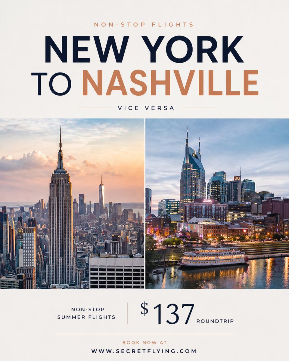 SecretFlying's tweet image. Non-stop from #NewYork to #Nashville (&amp;amp; vice versa) for only $137 roundtrip #Travel

secretflying.com/posts/new-york…