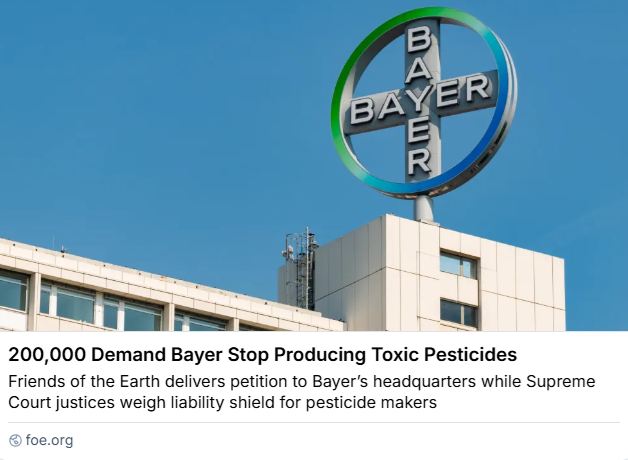 GMWatch's tweet image. 200,000 demand Bayer stop producing toxic pesticides, including #glyphosate and #neonics, which harm human health and pollinators. Protesters gathered outside Bayer’s HQ in downtown Washington D.C. to speak out against the company and deliver the petition. foe.org/news/200000-de…