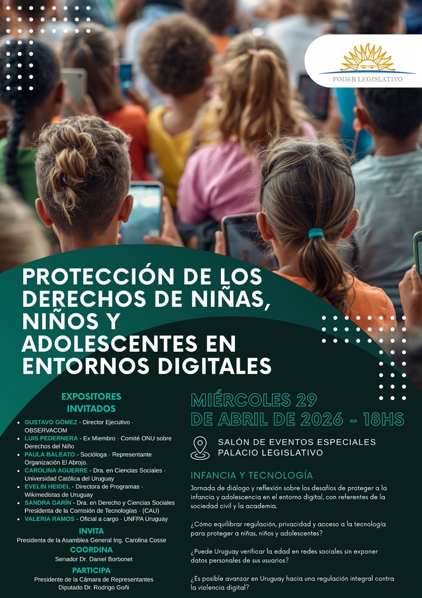 📣 OBSERVACOM estará presente en la actividad “Protección de los Derechos de Niñas, Niños y Adolescentes en Entornos Digitales” en Montevideo, Uruguay 🇺🇾

🗓️ Miércoles 29 de abril | 18:00 hs (GMT-3)
📍 Palacio Legislativo (Salón de Eventos Especiales)

El encuentro contará con la