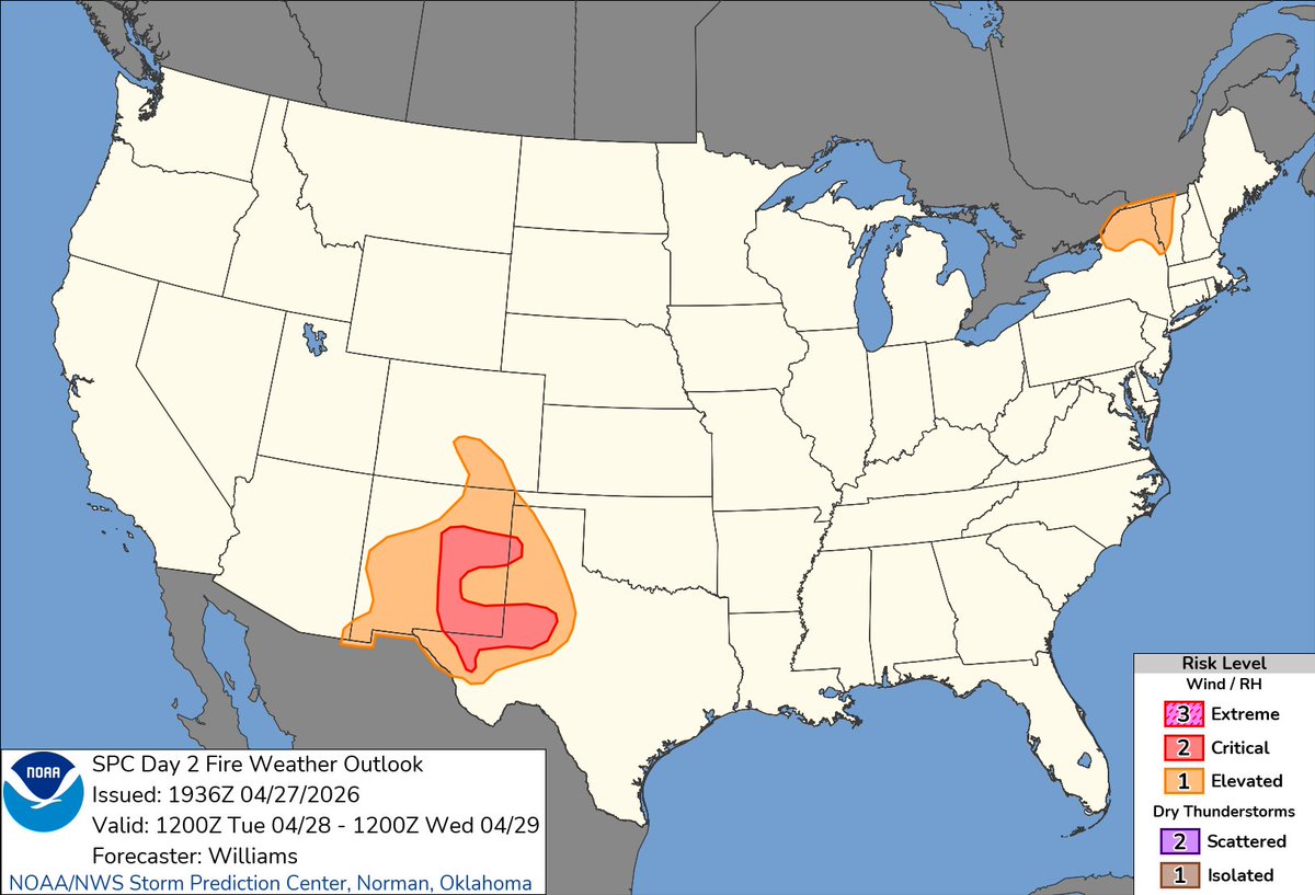 NWSSPC's tweet image. 2:37pm CDT #SPC Day2 #FireWX Critical: portions of eastern new mexico and western texas spc.noaa.gov/products/fire_…