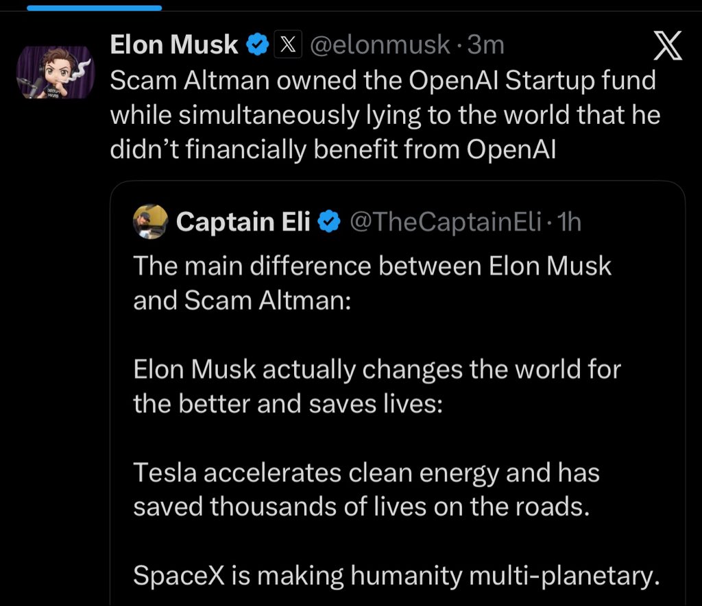 thebeyonder999's tweet photo. Long before, Elon Musk always said "open lie" because he had been paying attention to this case for a long time. Now is the right time for the trend of "Altman Scam" vs. Elon Musk regarding the AI ​​race. This will be legit. $openlie

814jozpML7Bco3fbYbukFQu94d1rDnRn6P5LwpoEpump

$scam
$stockman
$altman