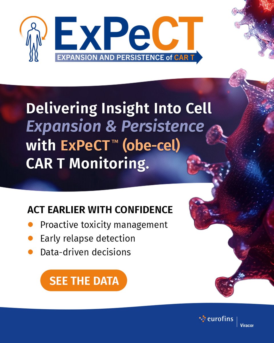 eurofinsviracor's tweet photo. After CAR T infusion, waiting isn’t a strategy.

ExPeCT™ (obe-cel) CAR T monitoring delivers objective, longitudinal insight  into cell expansion and persistence, allowing clinicians to act earlier  and with confidence.

·  Proactive toxicity management
·  Early relapse detection
·  Data-driven decisions

See the kinetics. Manage with confidence.

Learn how ExPeCT (obe-cel) can elevate post-infusion care. 🔎 READ 👉 https://t.co/D2lVitjydK

#CARTCellTherapy #HemeOnc #Autolus