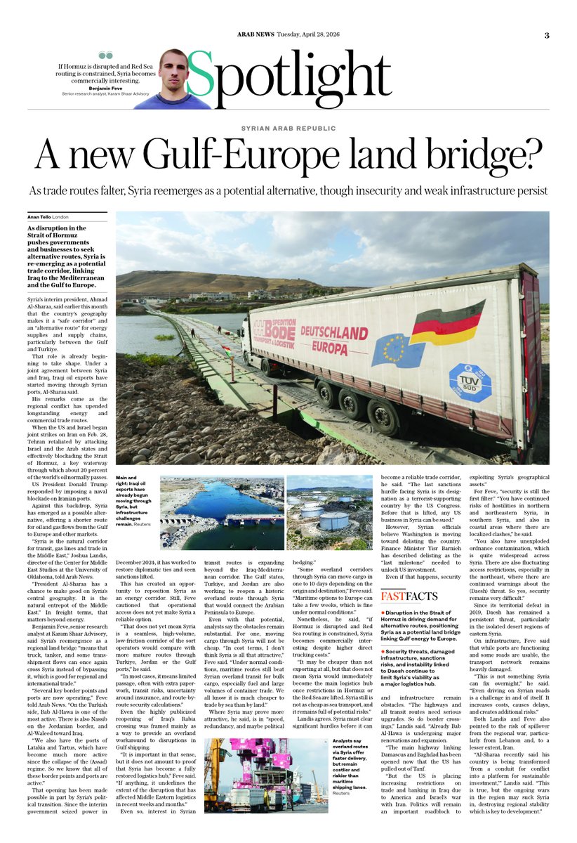 arabnews's tweet image. #SPOTLIGHT: After years of war, sanctions &amp;amp; isolation, #Syria is seeking to turn geography into economic leverage as #Iran’s actions throw #StraitofHormuz’s future into doubt arab.news/mu2fj