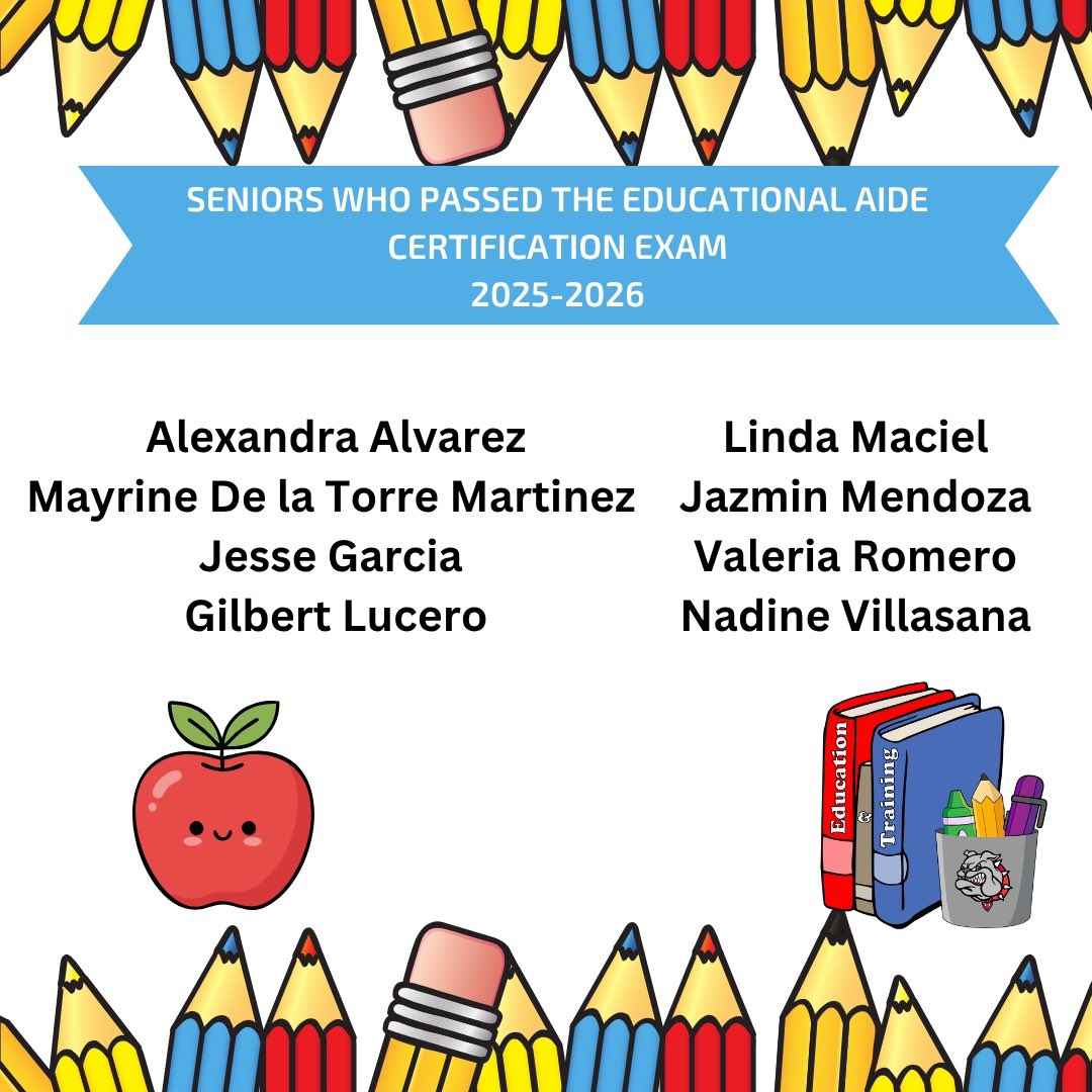 SocorroHS_Edu's tweet photo. Congrats to our seniors who passed their certification exam!👩🏻‍🏫📚🎓
@VGomez_SHS @bbau_SHS https://t.co/VyL2eCFLbh