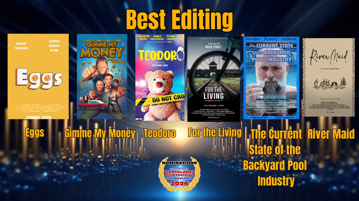 FirstGlanceFilm's tweet image. Congratulations to the nominees for Cinematography, Editing, Sound Design and SPFX at the 29th @FirstGlanceFilm  #FilmFest Philadelphia
Winners will be announced during the Live Awards Presentation on May 10th
#SupportIndieFilm #Filmmaking #awardsseason