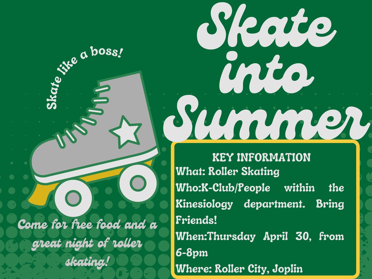 MSSU_SRM's tweet photo. Hey Kinesiology Lions! We are excited for this Thursday for the Skate into Summer event. Open to all degrees within the Kinesiology department. Come and roller skate, connect with other kinesiology students, free food and a chance win a giveaway.
Let's roll into summer together! https://t.co/2yjr67FAd9