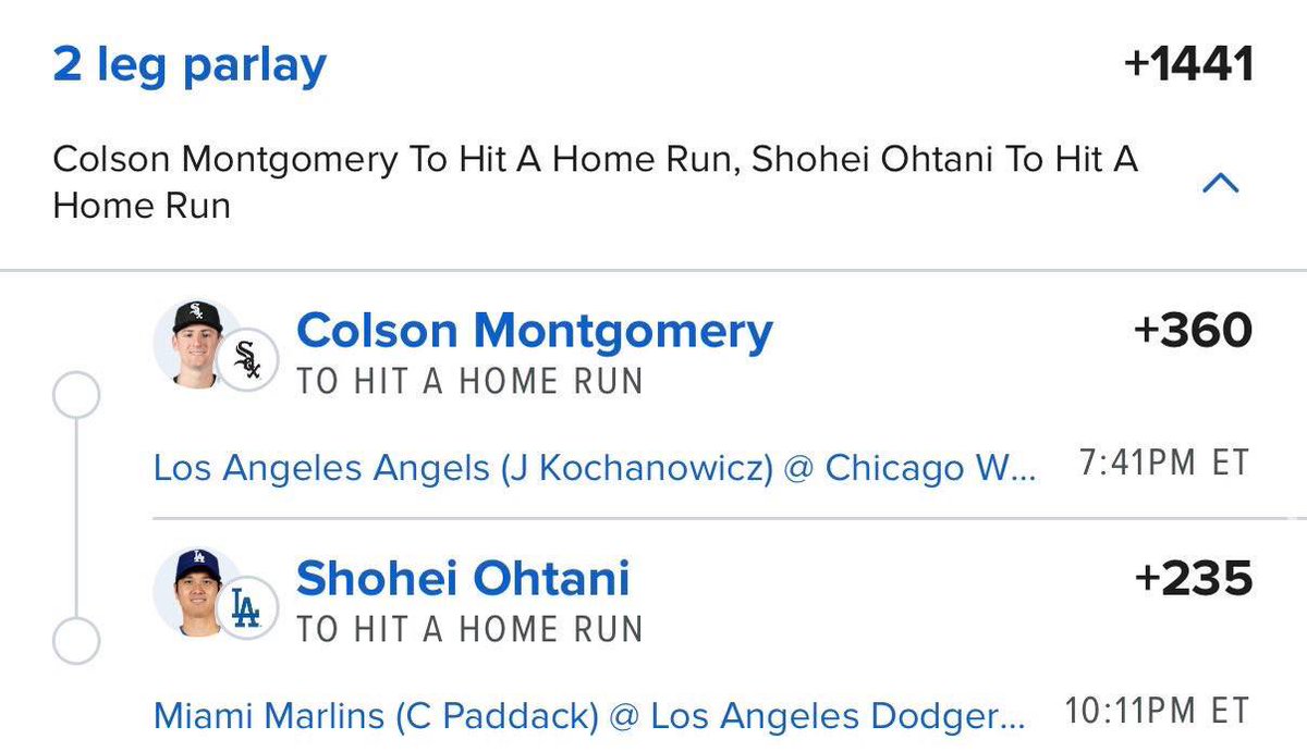 devinsbettor's tweet image. MLB 2-Leg Parlay = +1441 🔥

⚾️Colson Montgomery to hit a HR (+360)
⚾️Shohei Ohtani to hit a HR (+235)

Who’s slamming this with me tonight? 👀
Drop a 🔥 if you’re riding

#MLB  #GamblingTwitter