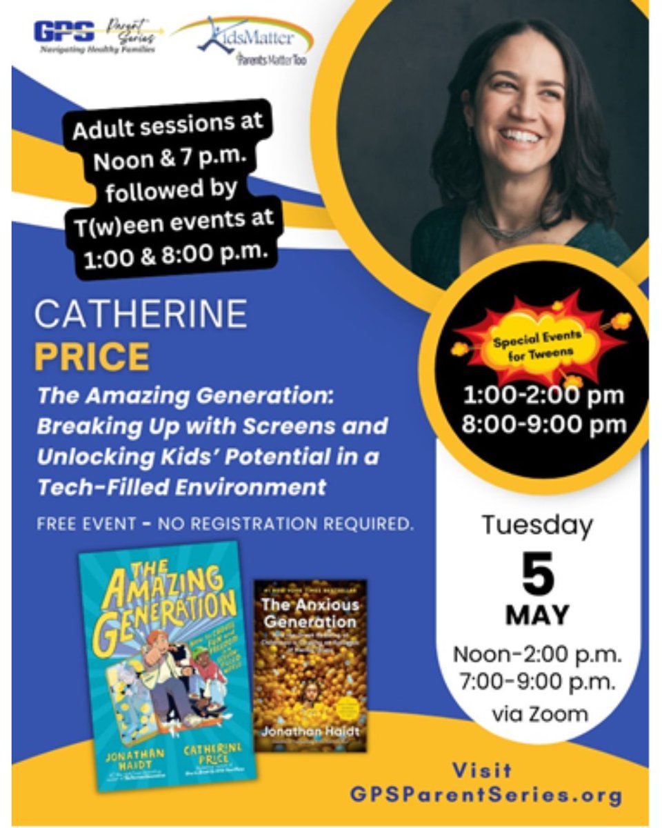 IL_HPP's tweet photo. On May 5th, we have on Catherine Price The Amazing Generation: Breaking Up with Screens and Unlocking Kids’ Potential in a Tech-Filled Environment. Join us during our noon and 7pm sessions. https://t.co/YN4xVa1Nt6