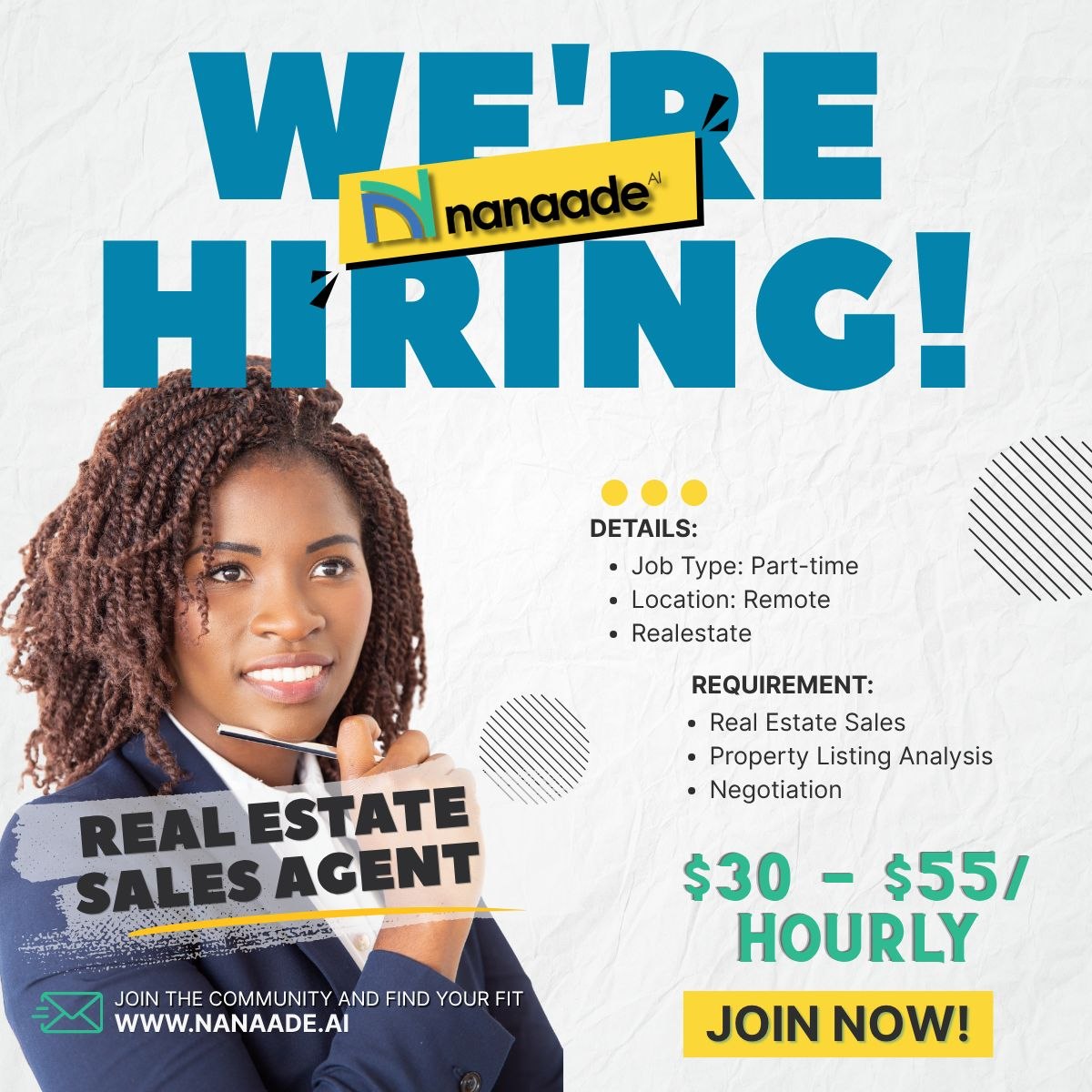 nanaade_AI's tweet photo. ➡️ Now Hiring: Human Data Manager (Remote | Full-time | $30–$45/hour)

Are you skilled in data management, analysis, and decision-making? This role is perfect for professionals who can organize, interpret, and manage human-related data to improve business performance and people strategy.

➡️ Apply Now: Real Estate Sales Agent (Remote | Part-time | $30–$55/hour)

Do you have experience in sales, negotiation, and property analysis? Then this is the ideal role for you, connecting buyers to the right properties, close deals, and drive revenue in the fast-growing real estate market.

➡️ Now Hiring: Insurance Claim Specialist (Remote | Contract | $40–$60/hour)

If you are detail-oriented with experience in claims processing, risk assessment, or insurance operations. This role is ideal for you, as you would be analysing claims, ensuring compliance, and delivering fair, accurate resolutions.

Unlike traditional job boards you're used to, https://t.co/luIe6BQP4p is the future of job search and hiring, making it your all-in-one platform, making hiring and job searching smarter:

🔹 Job Seekers: Get discovered for leadership roles based on your real performance and experience, not guesswork or connections.

🔹 Recruiters: Access AI-matched, prevetted, results-driven, high-performing professionals ready to deliver results.

Unlike other regular job platforms, Nanaade delivers a smarter, end-to-end hiring experience for both job-seekers and recruiters. Offering skills-based matching, CV optimization, and candidate readiness tools to ensure quality hires, not just applications.

Apply now and experience the difference on Nanaade: https://t.co/TPnCr5VMXw⁠/job-seekers

#DataJobs #HumanData #RemoteJobsNigeria #Nanaade #AIRecruitment #DataAnalytics #HRTech #HiringNow #CareerGrowth #TalentMatching #DigitalJobs #RecruitmentNigeria #FutureOfWork #RealEstateCareers #RemoteWorkNigeria #SalesProfessionals #AIHiring #NanaadeAI #PropertyMarket #InsuranceCareers #RemoteWorkNigeria #RiskManagement #LagosJobs #CareerGrowth #HireSmarter #SalesJobsNigeria #HiringNow #HeadOfSales #BusinessDevelopment #NanaadeAI