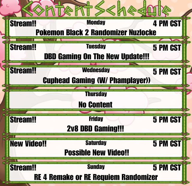 New Week New Schedule and While one Sub Goal May end today a new one will begin later this week with an RE Randomizer along with that there's gonna be a lot of DBD and some good ole Cuphead so make sure to tune in cause this is all gonna be a doozy!!!