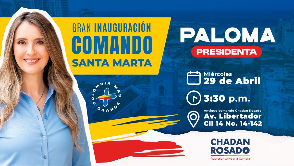 Este miércoles 29 de abril nos encontraremos en la #NuevaSede de <a href="/PalomaValenciaL/">Paloma Valencia L</a> #LaPrimeraEnPrimera. Tod@s en una gran fiesta democrática para vivir la experiencia del triunfo. La invitación está abierta … Feliz de contar con ustedes.
