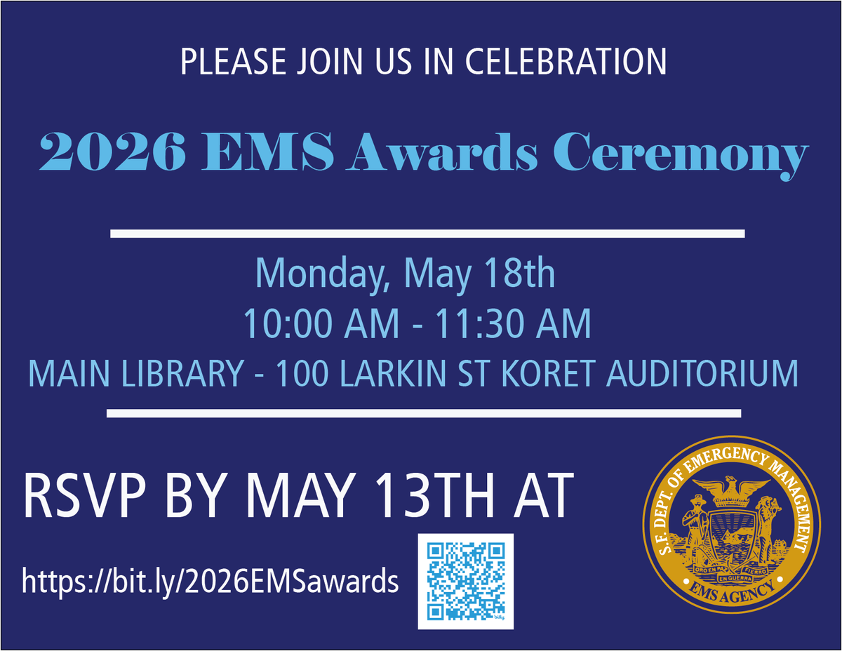 SF_emergency's tweet photo. We’re so excited to honor individuals who performed outstanding achievements and contributions to the #SF EMS System next month! Join us at the link below!
➡️ https://t.co/8pZaS60BtP

Event Info:
📅 Monday, May 18, 2026
🕙 10:00 - 11:30 a.m.
📍 Main Library - 100 Larkin Street, San Francisco, CA 94102