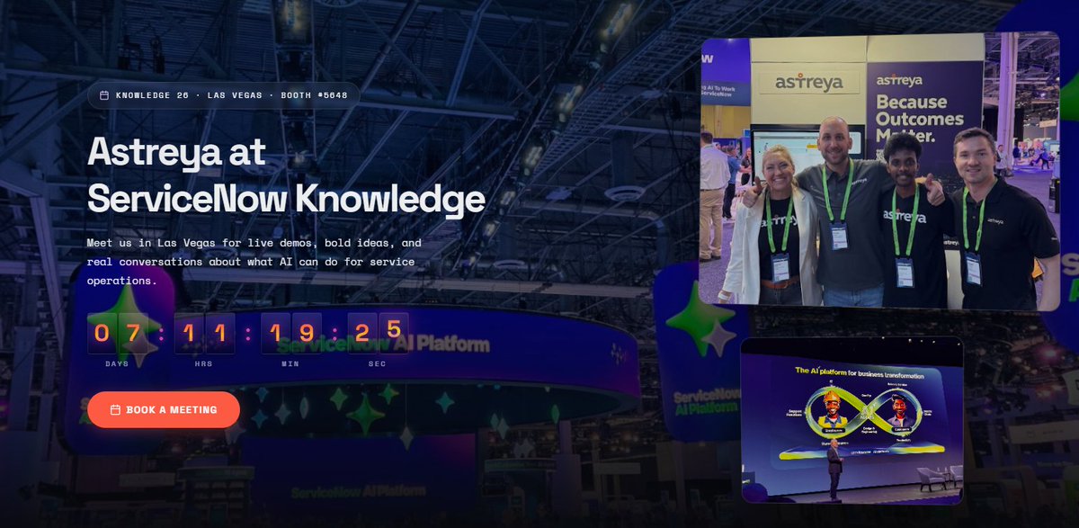 astreya's tweet image. Counting down to @ServiceNow Knowledge 26.

If you’re tired of hearing about “AI in IT ops”… same.
That’s why we’re showing it live. Booth 5648.

Learn more: astreyaservices.com/snow

#Knowledge26 #ServiceNow #AIAgents