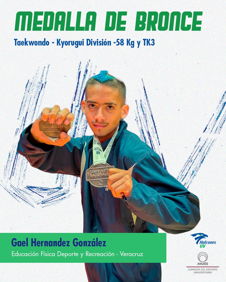 DeporteUV's tweet photo. 🥉¡Medalla de Bronce para Gael Hernández González!
Su agilidad, constancia y precisión, guiaron a nuestro halcón de taekwondo, obteniendo el tercer lugar en la modalidad Kyorugui división -58kg y TK3🥋

¡Felicidades, eres nuestro #OrgulloUV! 🦅

#halconesuv #cnanuies2026 #conade https://t.co/jRa8LsdR2x