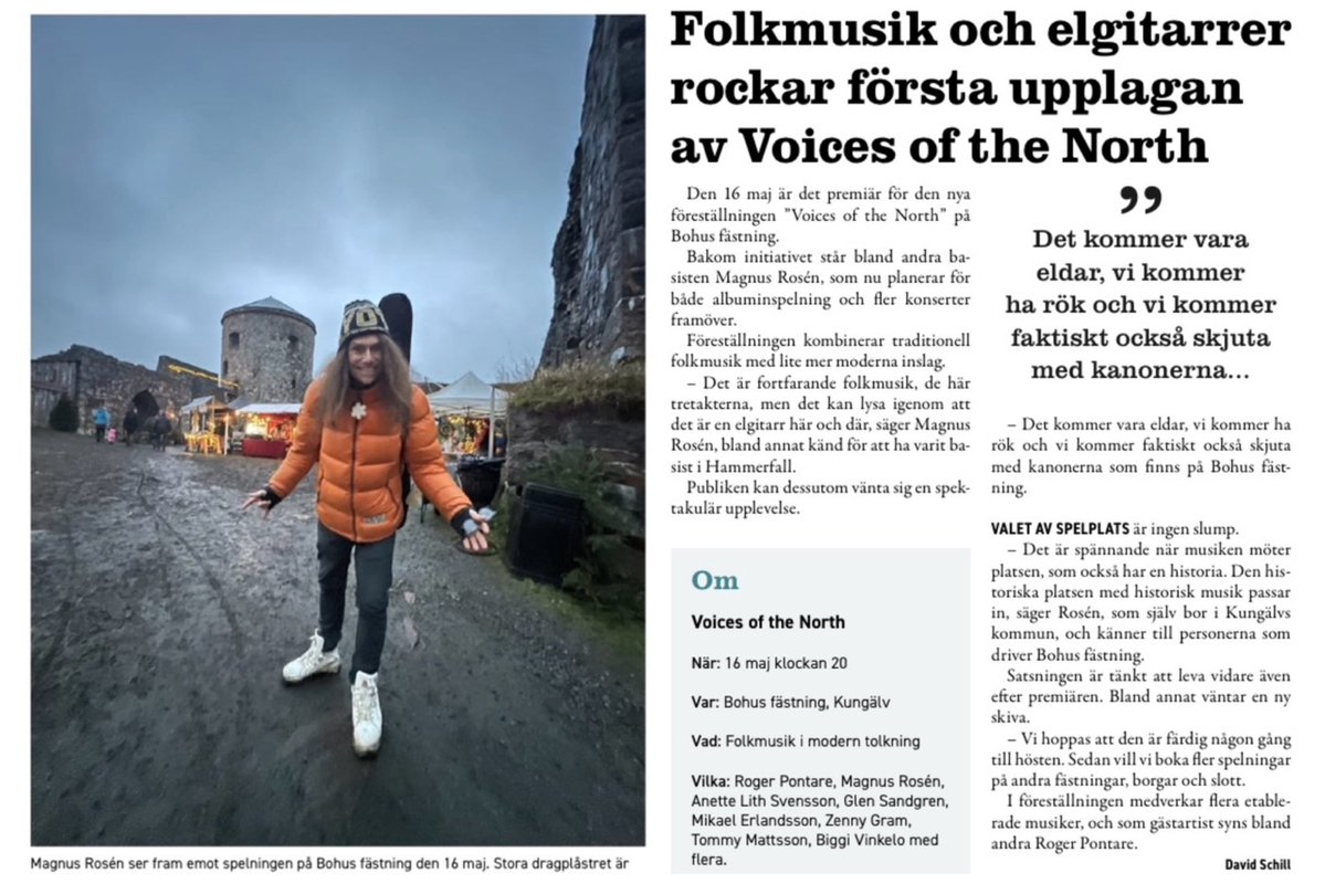 En underbar liten artikel ang Voices of the North.

Så kul och såå spännande!

Voices of the North.
Den 16 maj ljuder harmonin från den Svenska musiken igen inom stenväggarna som byggdes på 1300 talet. Biljetter bohusfastning.com/event/voices-o…