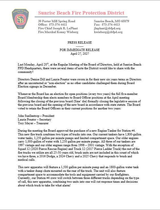 SBFPD's tweet photo. Press Release - April 27 2026 https://t.co/nRThb2JVtd