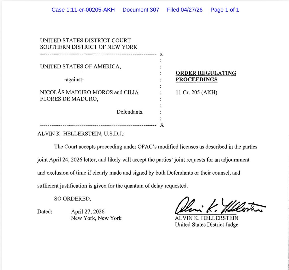 🚨El juez Alvin K. Hellerstein aceptó que el proceso continúe bajo las licencias modificadas de OFAC, permitiendo avanzar con el uso autorizado de fondos para la defensa.  

Además, señaló que probablemente aprobará una solicitud conjunta para aplazar el caso, si está debidamente
