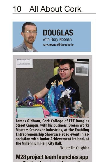 DouglasSt_CCFET's tweet image. Well just look at who is the @echolivecork today?? None other than our Film student James Oldham, with his business Dream Works Masters Crossover Industries at the Enabling Entrepreneurship Showcase 2026 event. @LEOCorkCity @CorkETB @ThisisFet @DSC_Library #JuniorAchievement