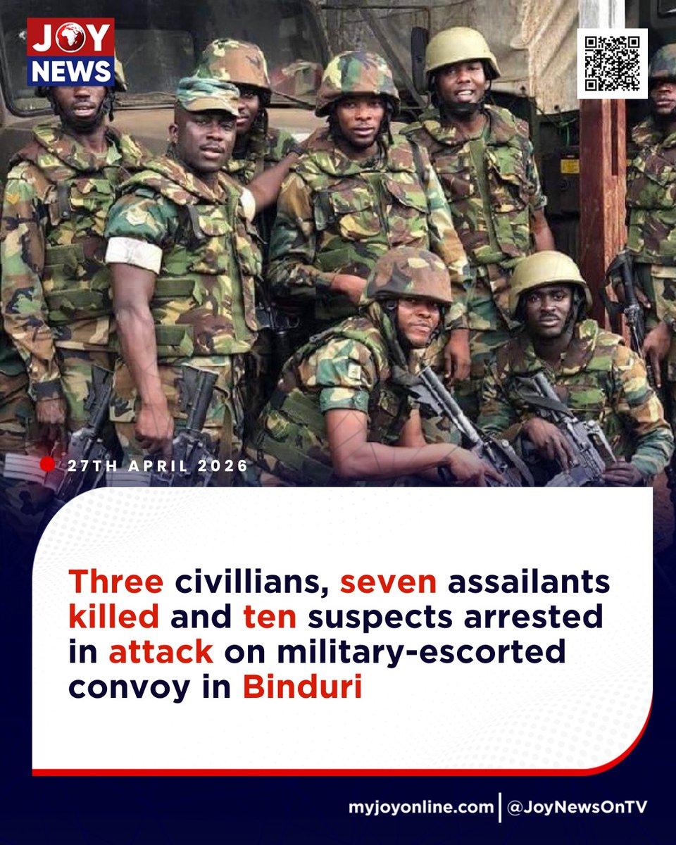 JoyNewsOnTV's tweet image. Three civillians, seven assailants killed and ten suspects arrested in attack on military-escorted convoy in Binduri

#JoyNews #Viral #Explorepage #Ghana #JoyFM #GhanaNews #Ghana #NewsUpdate #Africa #GhPolitics #News #AfricaNews #CurrentAffairs #Vlog