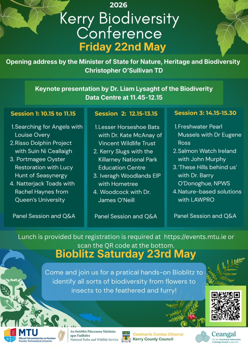 kellylad's tweet image. Kerry Biodiversity Conference 2026. MTU Kerry, May 22nd and 23rd. 
@radiokerry @KerryBirdNews @countykerry @BPSMTU @vincentwildlife @COSullivanTD @Notice_Nature @DeptHousingIRL
#biodiversity #kerry #bioblitz