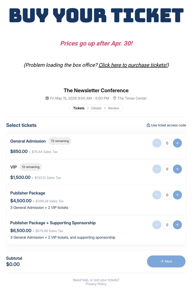 ryansager's tweet photo. 🎟 Tickets continue to dwindle for The Newsletter Conference(@NewsletterConf) — May 15 in NYC!

Grab 'em now! 💌

https://t.co/JT6XIB5yPS https://t.co/h0wZnK1KV1
