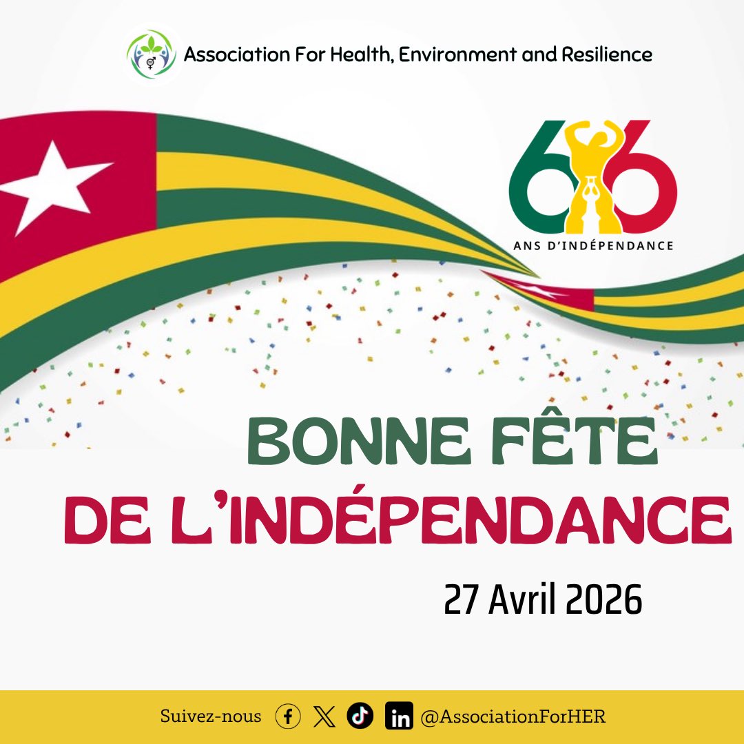 AssoForher's tweet image. La célébration de l’indépendance nous rappelle à la fois le chemin parcouru et la responsabilité collective de préserver les acquis, de promouvoir la paix et de bâtir une société plus inclusive et équitable. 

Bonne célébration à toutes et à tous 🎉

#Togo66 #indépendance #ForHER