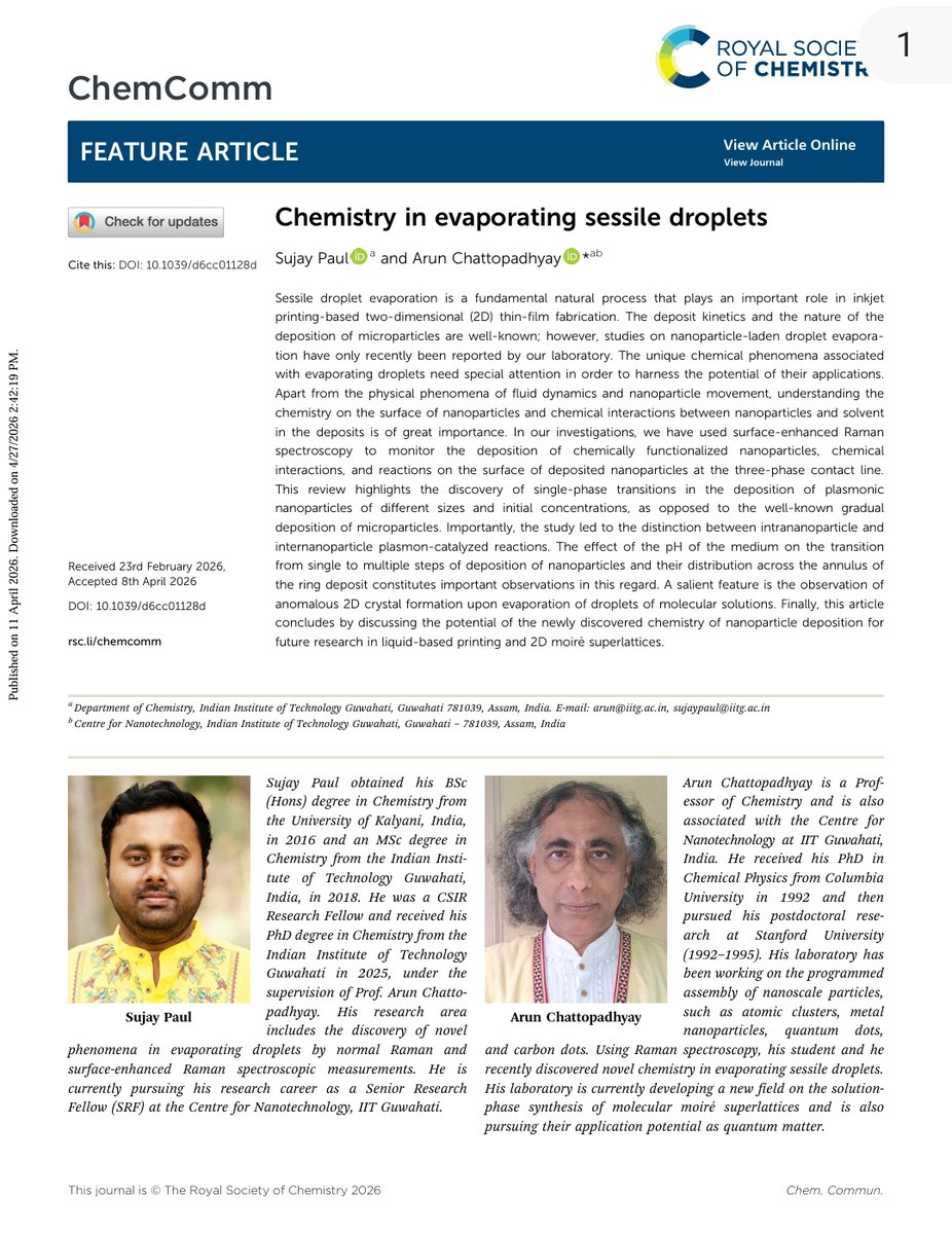 palashuddin's tweet photo. Interesting feature article on 'Chemistry in evaporating sessile droplets' reported by Prof. Chattopadhyay Group (IIT Guwahati).  @GoI_MeitY @ANRFIndia @IITGuwahati @ChemCommun 
https://t.co/DXx2xzX1e9 https://t.co/VJEqjwuLqn