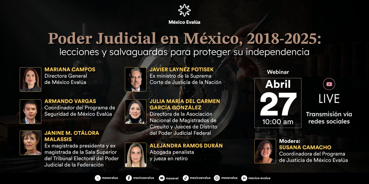 mexevalua's tweet photo. 🚨¡Es hoy, es hoy!🚨

⚖️▶️En unos minutos comienza nuestro #WebinarMéxicoEvalúa.

En punto de las 10:00 am conversaremos sobre cómo fortalecer el sistema de justicia en México.

Participan:

- @mariana_c_v, directora general de México Evalúa 
- @BaVargash, coordinador del programa de seguridad de México Evalúa
- ⁠@JanineOtalora, exmagistrada presidenta y exmagistrada de la Sala Superior del Tribunal Electoral del Poder Judicial de la Federación
- @LaynezPotisek, exministro de la Suprema Corte de Justicia de la Nación 
- ⁠@Julis1327, directora de la Asociación Nacional de Magistrados de Circuito y Jueces de Distrito del Poder Judicial Federal
- ⁠@RdAlexa, abogada penalista y jueza en retiro
- @MacielSusa42512, coordinadora del programa de justicia de México Evalúa

🔴Sigue #EnVivo la transmisión: https://t.co/ejhYQwipFM