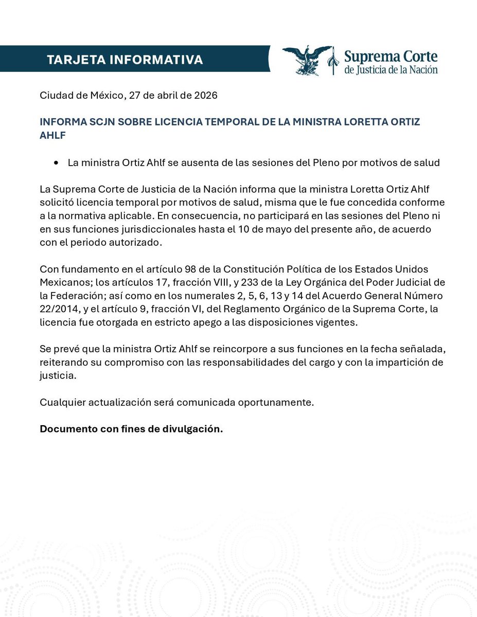 SCJN's tweet photo. Tarjeta Informativa | Informa #SCJN sobre licencia temporal de la ministra Loretta Ortiz Ahlf @lorettaortiza. https://t.co/3guhnLjYRI