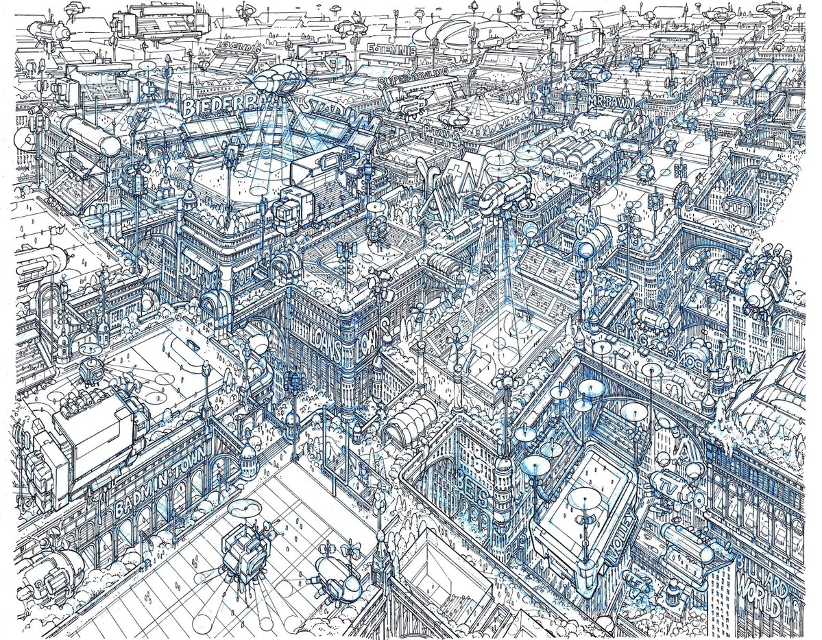 klaustoon's tweet image. And the slightly less dirty inks for my next thing for Arquine #116: 'Playing Fields', where I'm shamelessly appropriating a drawing by Louis Biedermann from 1923: #klaussketches #architecture, #comics, #city #ThePneumaticPassage